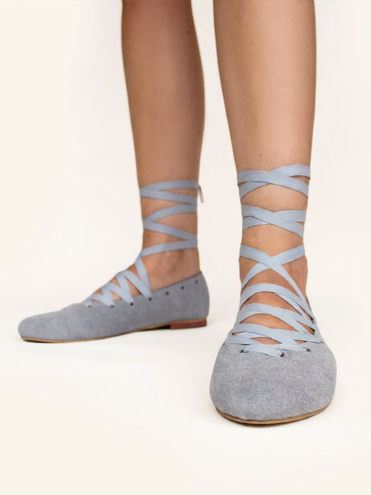 Gray Faux Suede Round-Toe Lace-Up Stylish Ballet Flats
