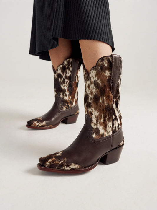 Brown Cowhide-Patterned Horsehair Snip-Toe Mid Calf Cowgirl Boots