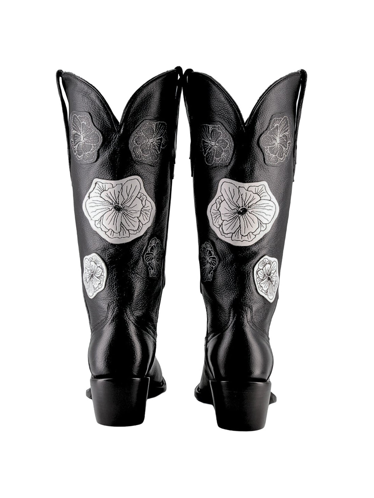 Black Snip-Toe Flowers Applique Chic Mid Calf Cowgirl Boots