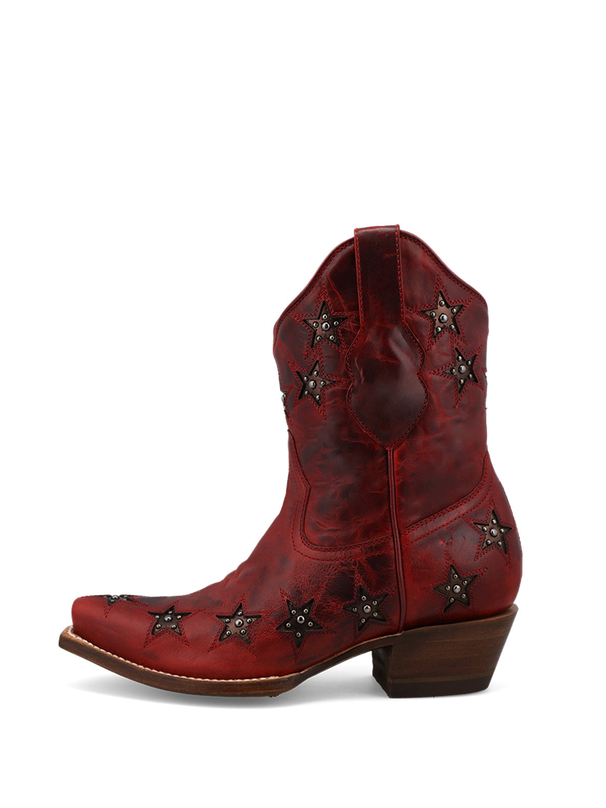 Distressed Brown Studded Snip-Toe Cowgirl Ankle Booties With White Star Inlay