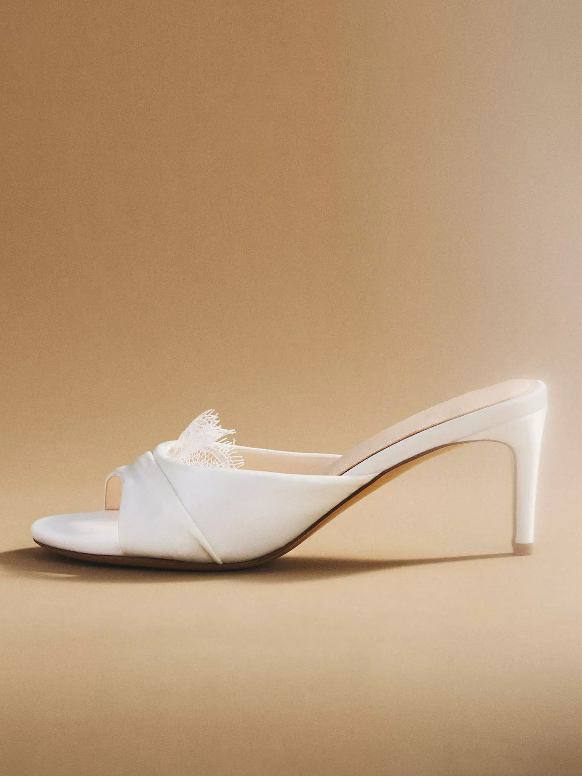 White Satin Lace Mesh Open Round-Toe Slip-On Backless High Heels