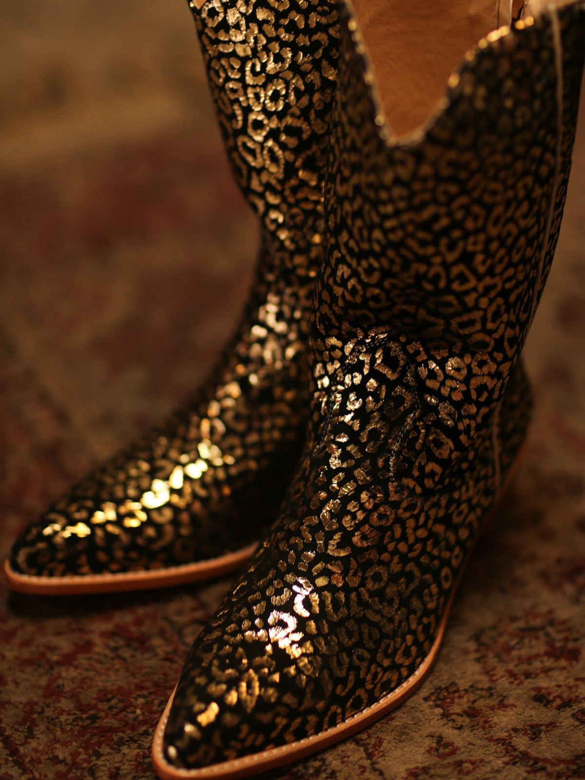 Metallic Gold And Black Faux Suede Round-Toe Back Full-Zip Simple Cowgirl Boots