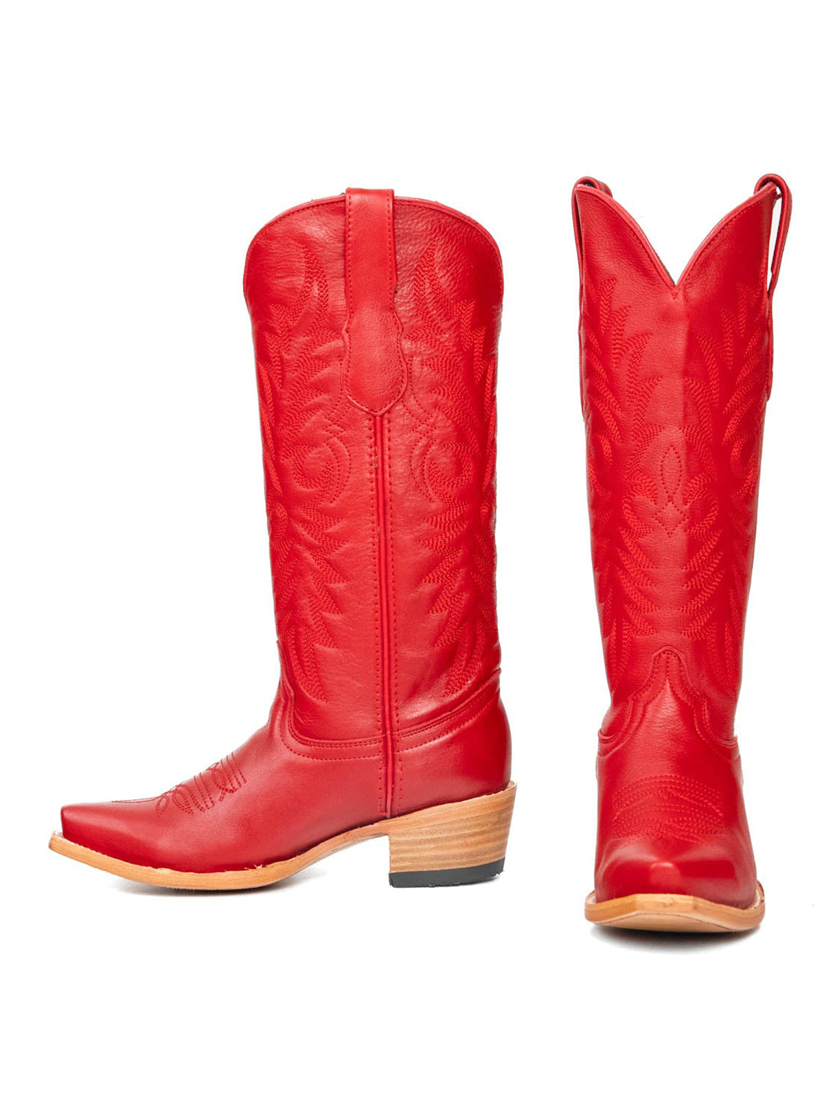 Red Vegan Leather Snip-Toe Embroidery Mid Calf Cowgirl Boots For Woman