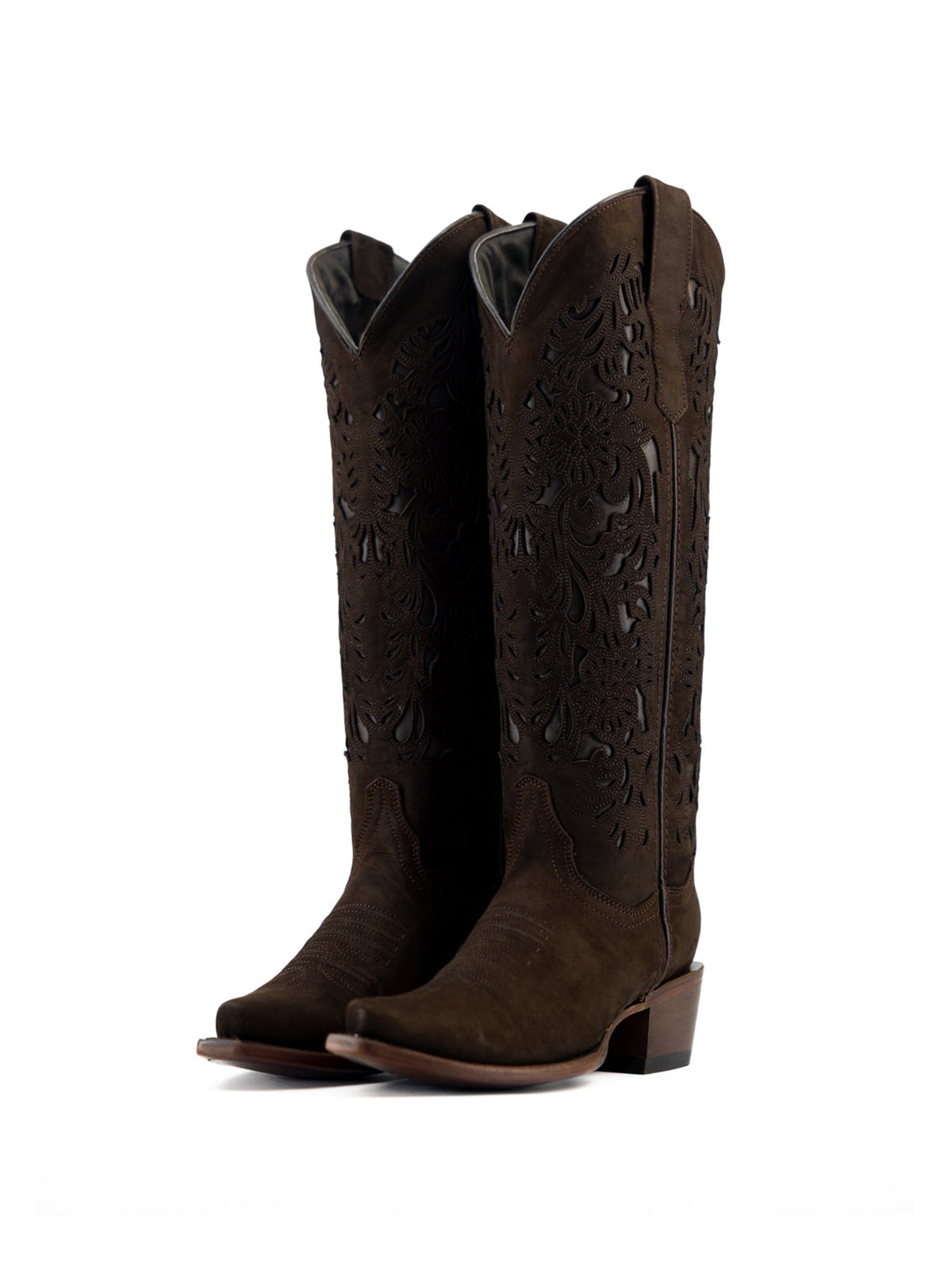 Brown Faux Suede Snip-Toe Chic Inlay Wide Calf Knee High Sleek Cowgirl Boots