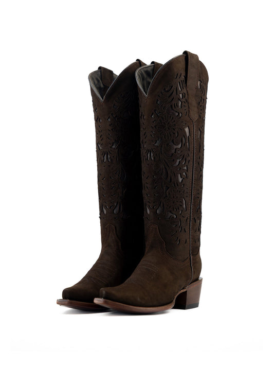 Brown Faux Suede Snip-Toe Chic Inlay Wide Calf Knee High Sleek Cowgirl Boots
