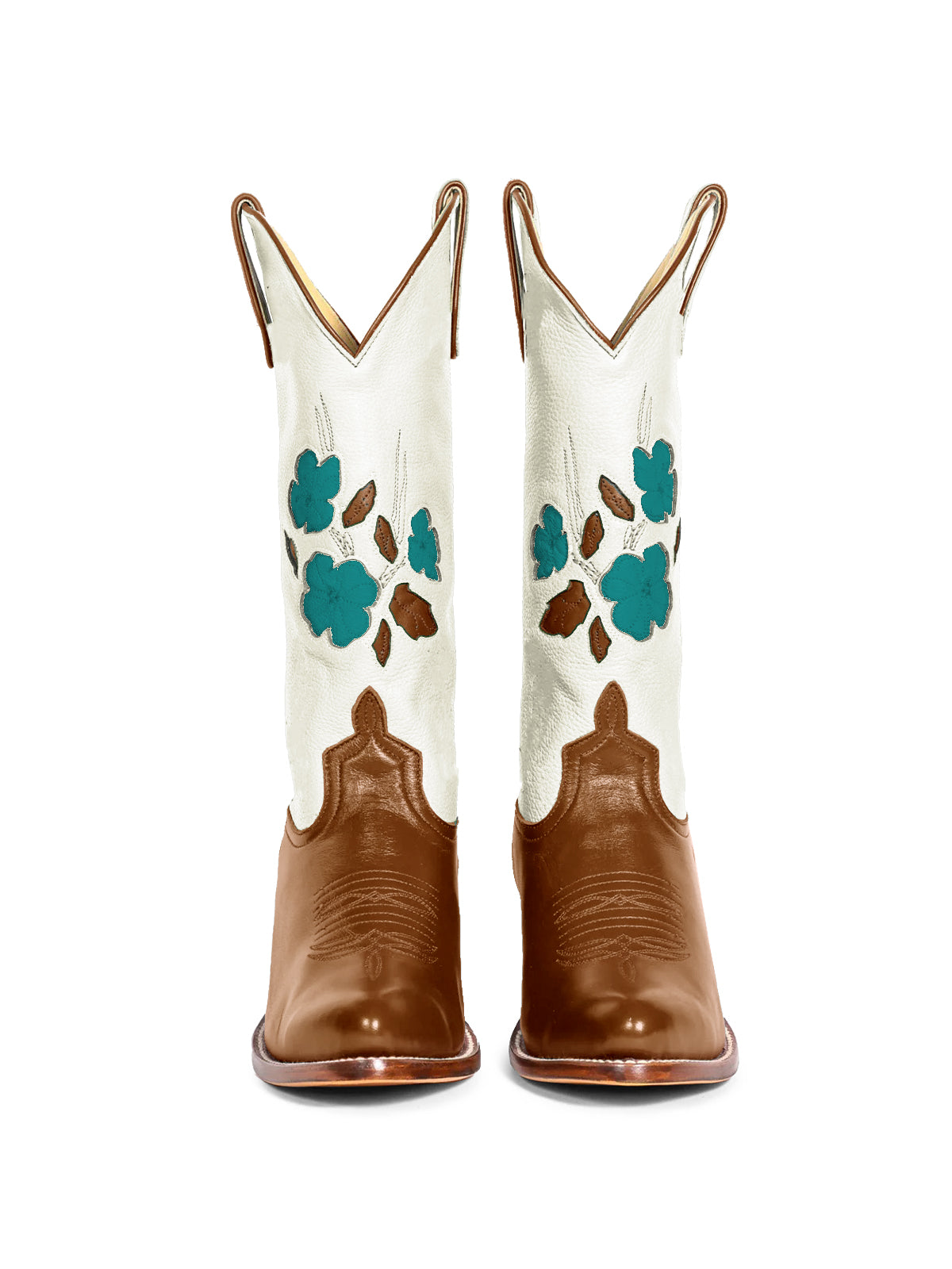 Contrast White And Brown Almond-Toe Green Flower Inlay Mid Calf Cowgirl Boots