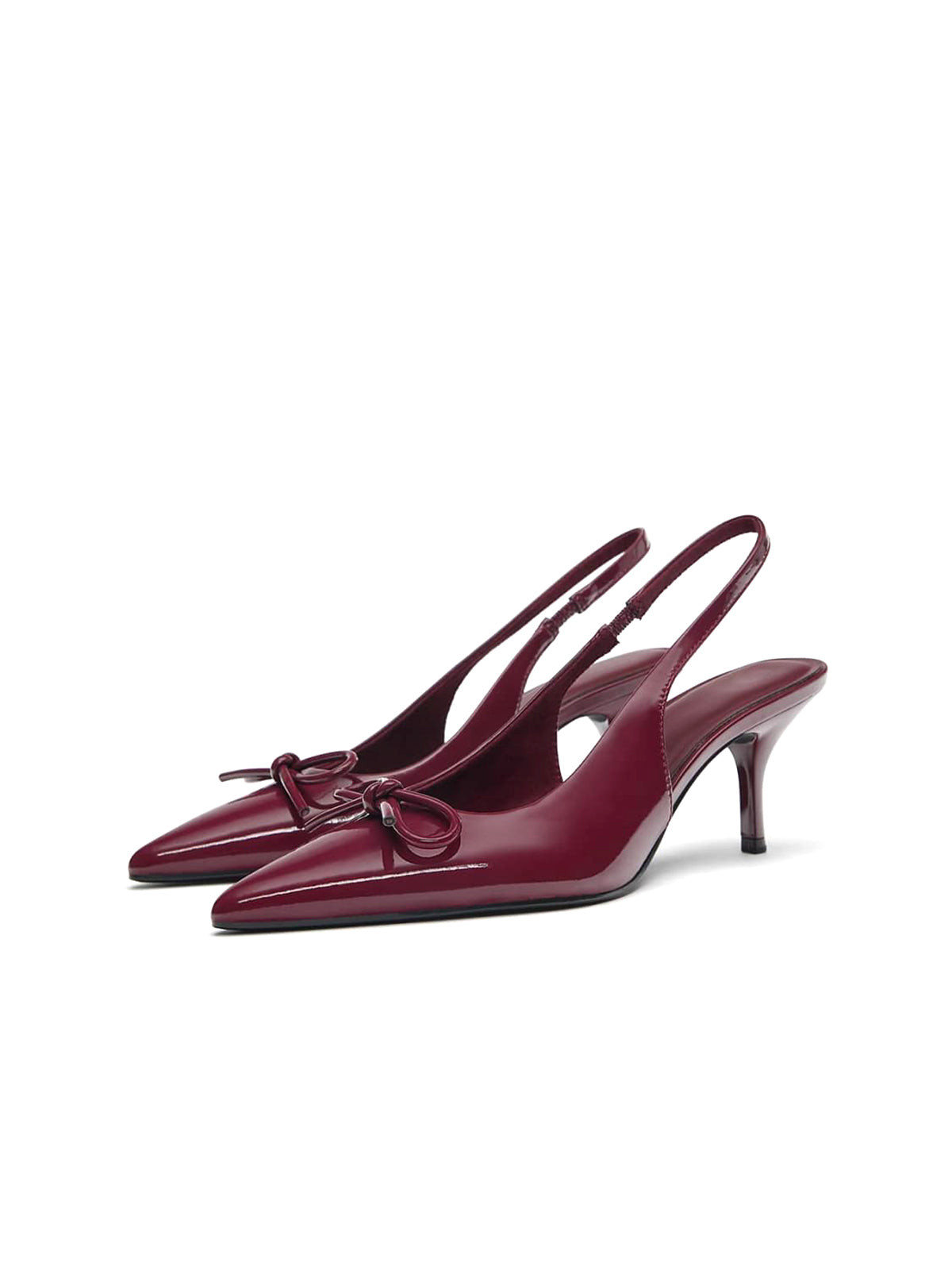 Patent Burgundy Pointed-Toe Front Bow Slingback Kitten Heels