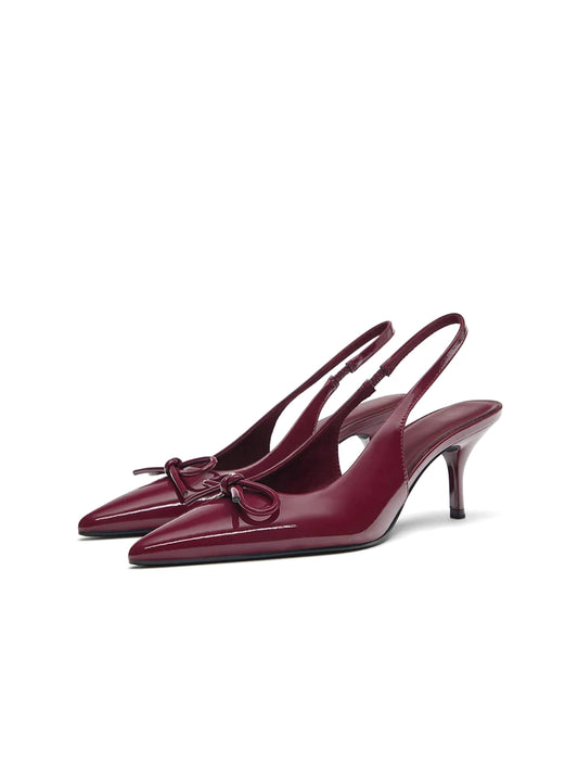 Patent Burgundy Pointed-Toe Front Bow Slingback Kitten Heels