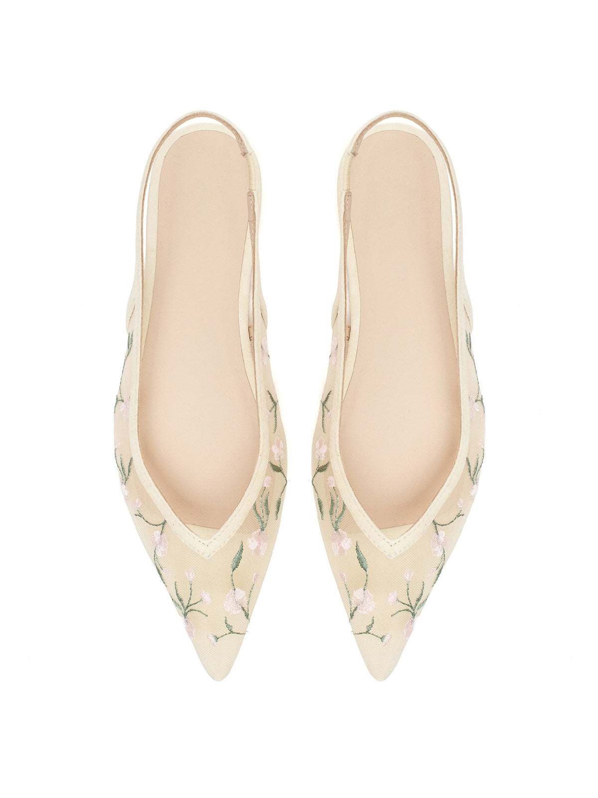 Butter Mesh Pointed-Toe Wildflowers Embroidery Mary Jane Ballet Flats