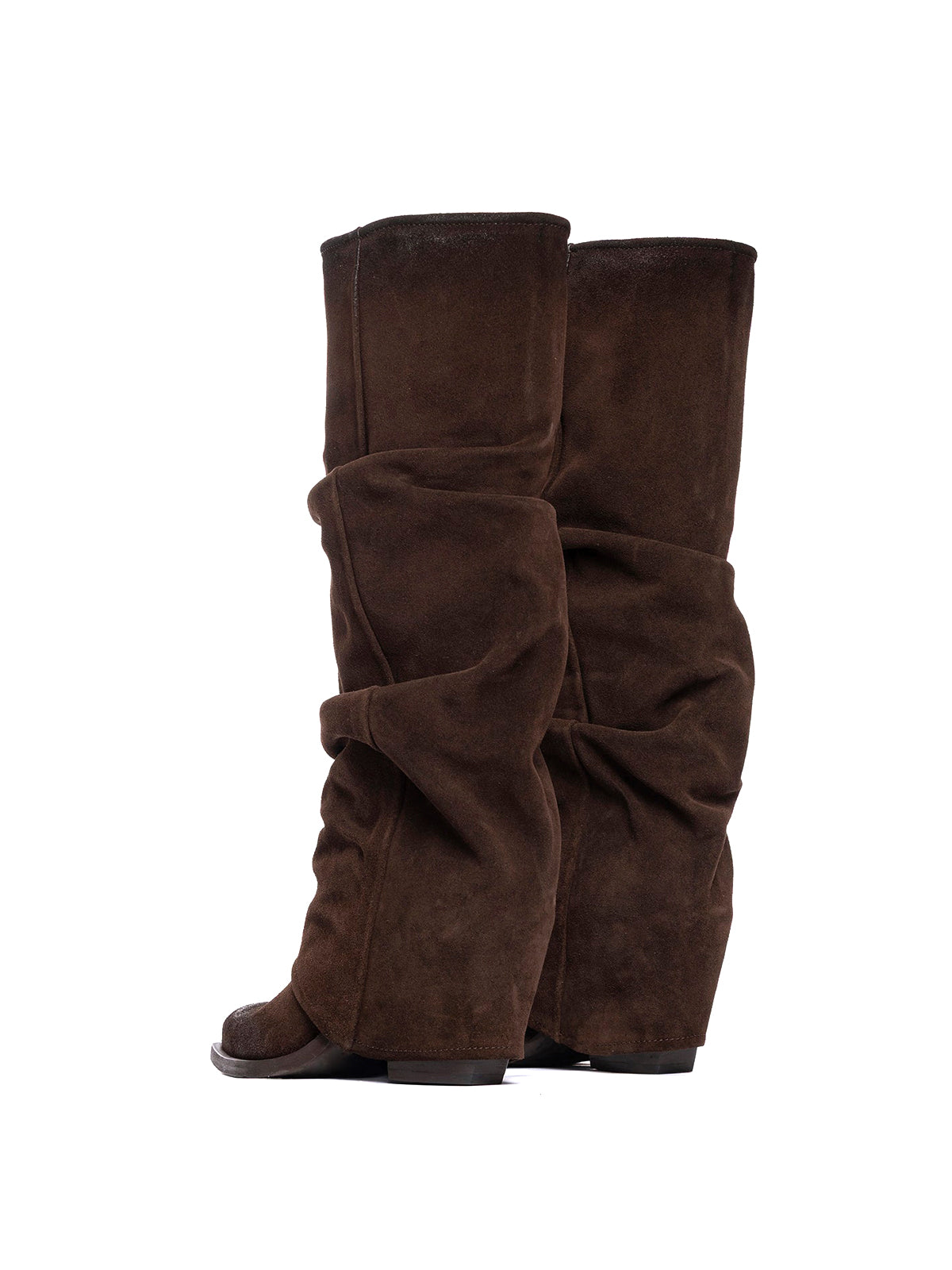 Brown Faux Suede Snip-Toe Fold-Over Wide Calf Tall Knee High Cowgirl Boots