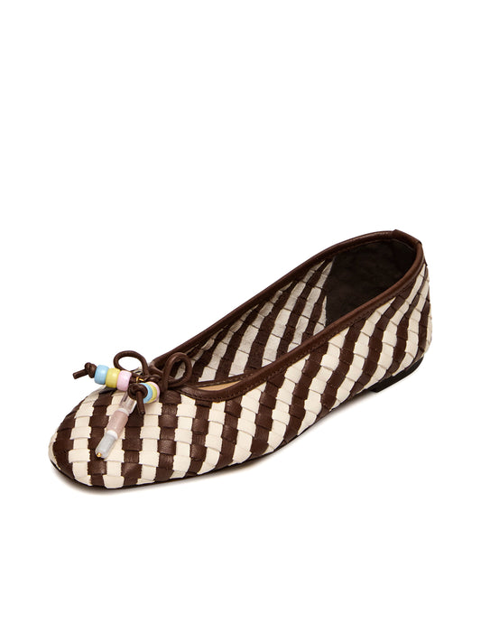 Contrast White And Brown Vegan Leather Woven Square-Toe Front Bow Slip-On Ballet Flats