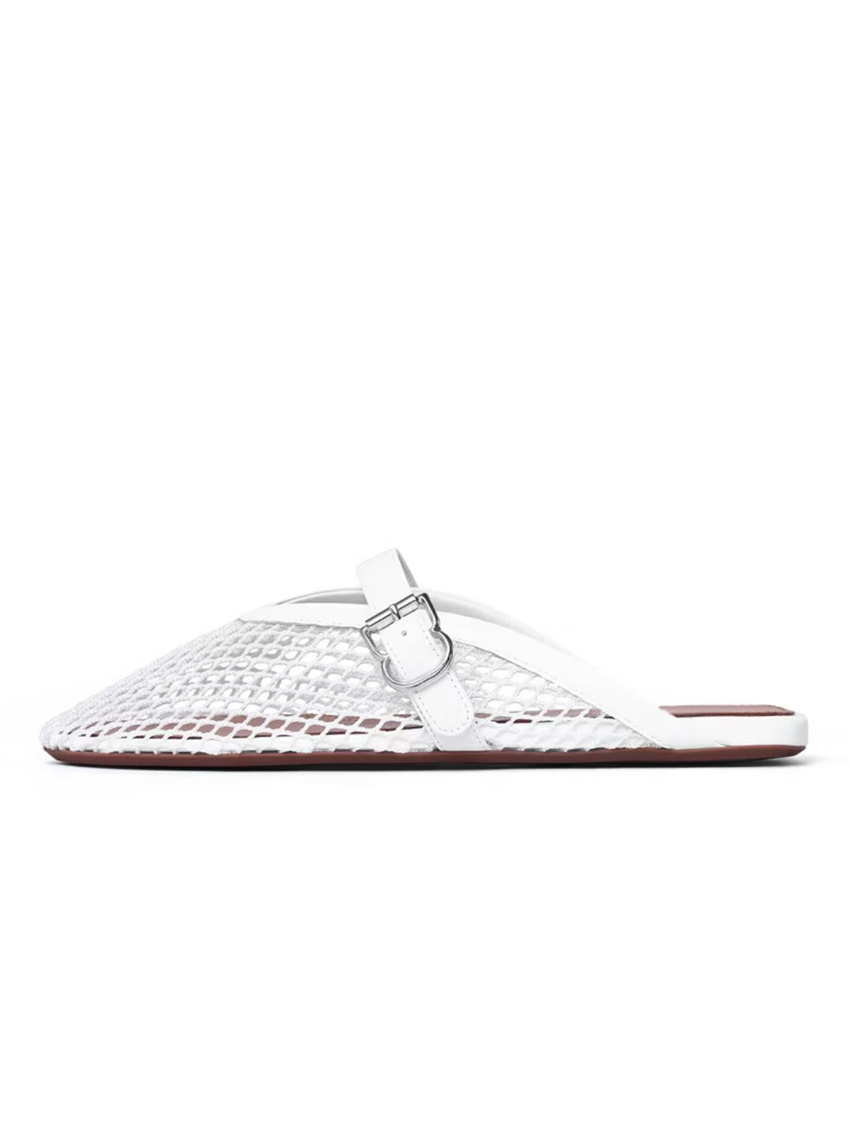 Patent White And Mesh Round-Toe Middle Strap Backless Flats