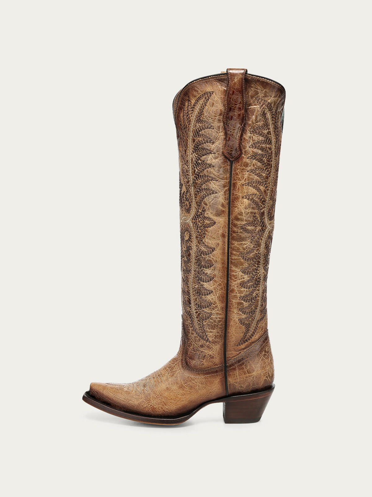 Distressed Tan Snip-Toe Embroidery Retro Half-Zip Knee High Cowgirl Boots