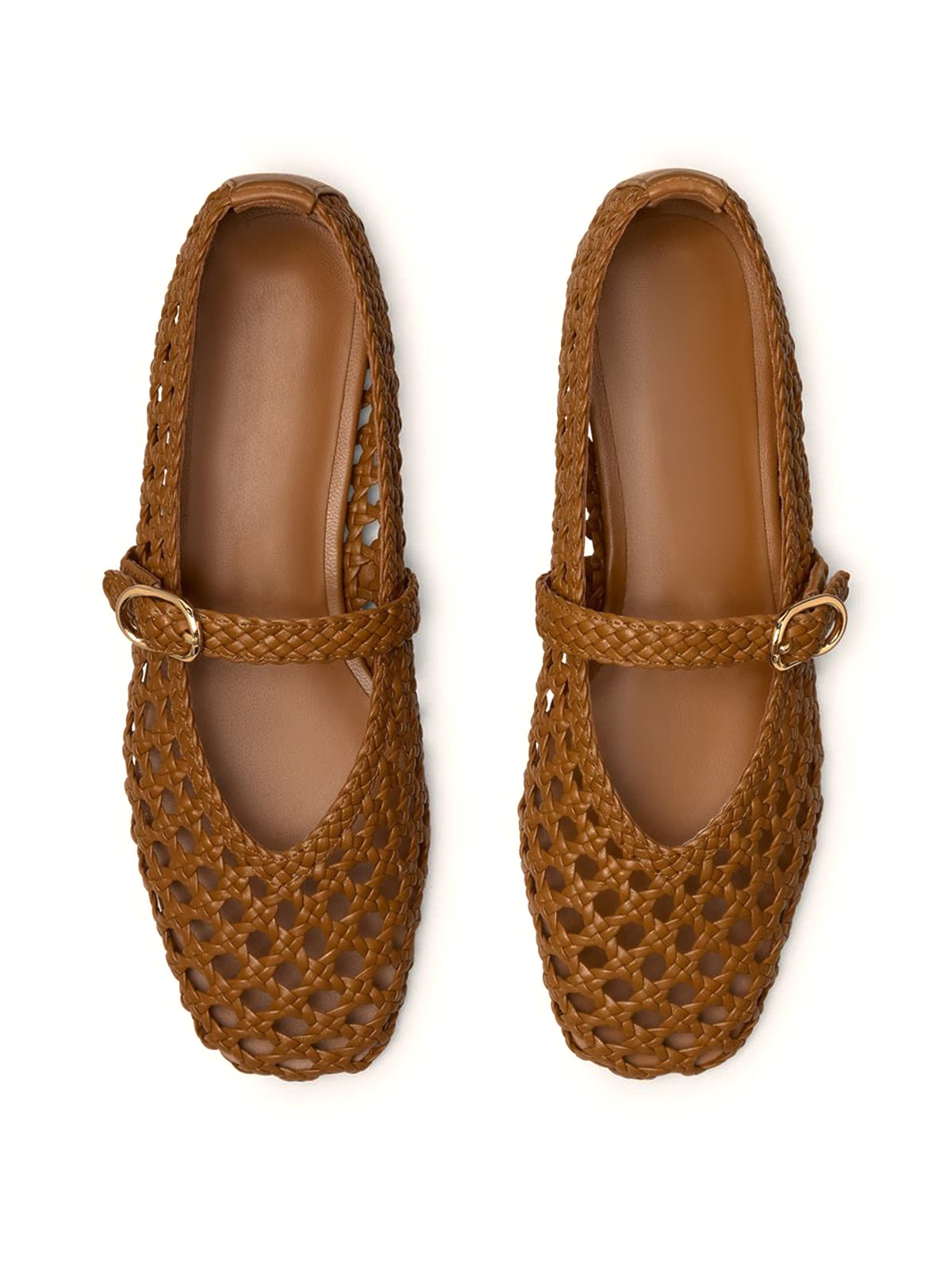 Tan Woven Vegan Leather Square-Toe Classic Buckle Bridge Strap Flats
