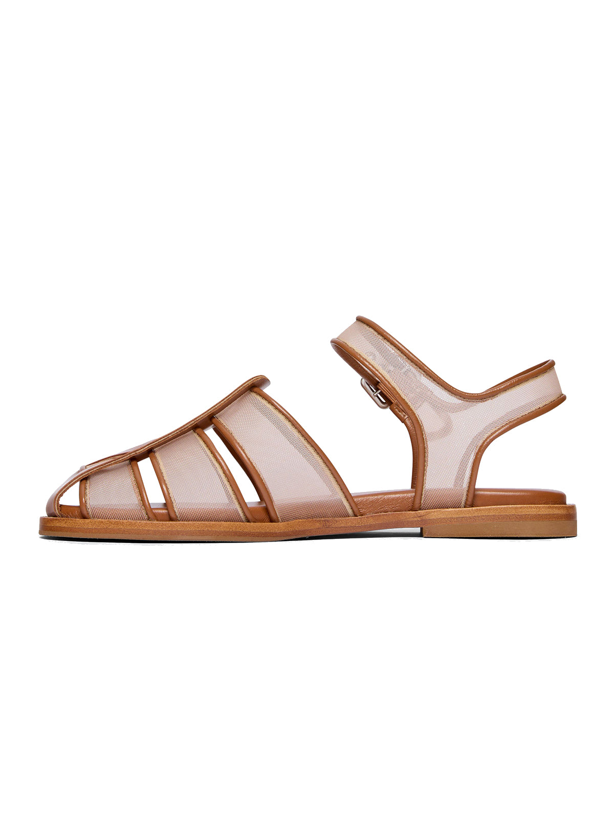 Brown Mesh Round-Toe Ankle Strap Fisherman Sandals Flats