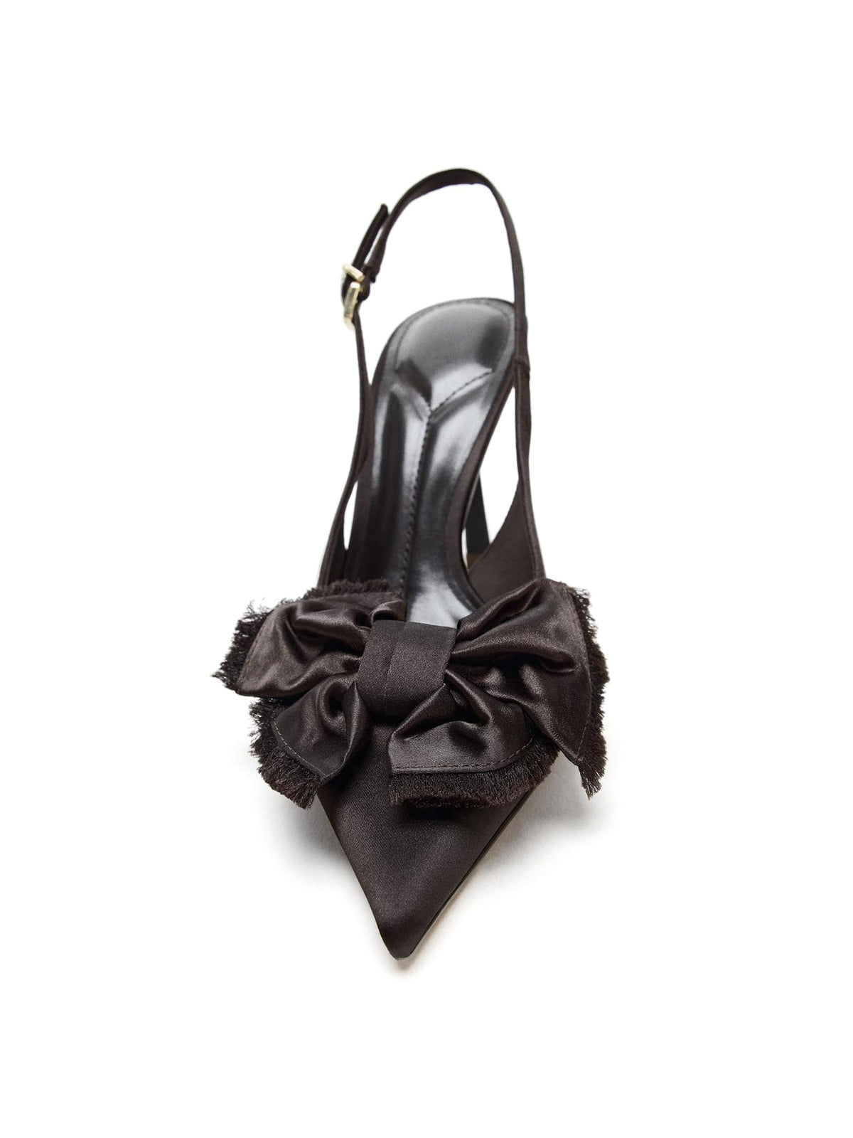 Brown Satin Pointed-Toe Big Front Bow Slingback High Heels