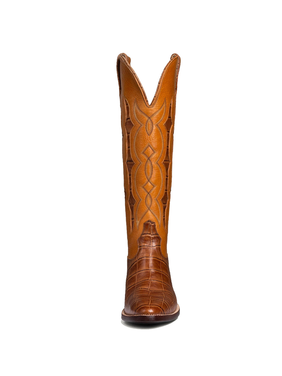 Maroon Contrast Crocodile Print Inlay Stitch Almond-Toe Wide Knee High Western Cowgirl Boots