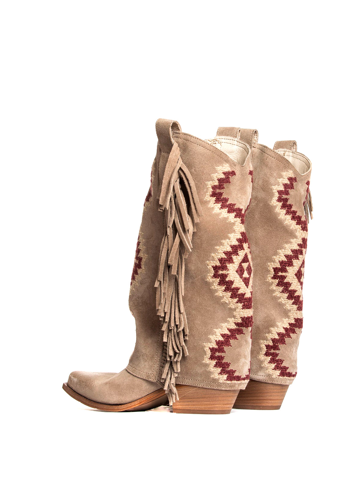 Side Fringe Snip-Toe Embroidery Fold-Over Mid Calf Cowgirl Boots - Sand Faux Suede
