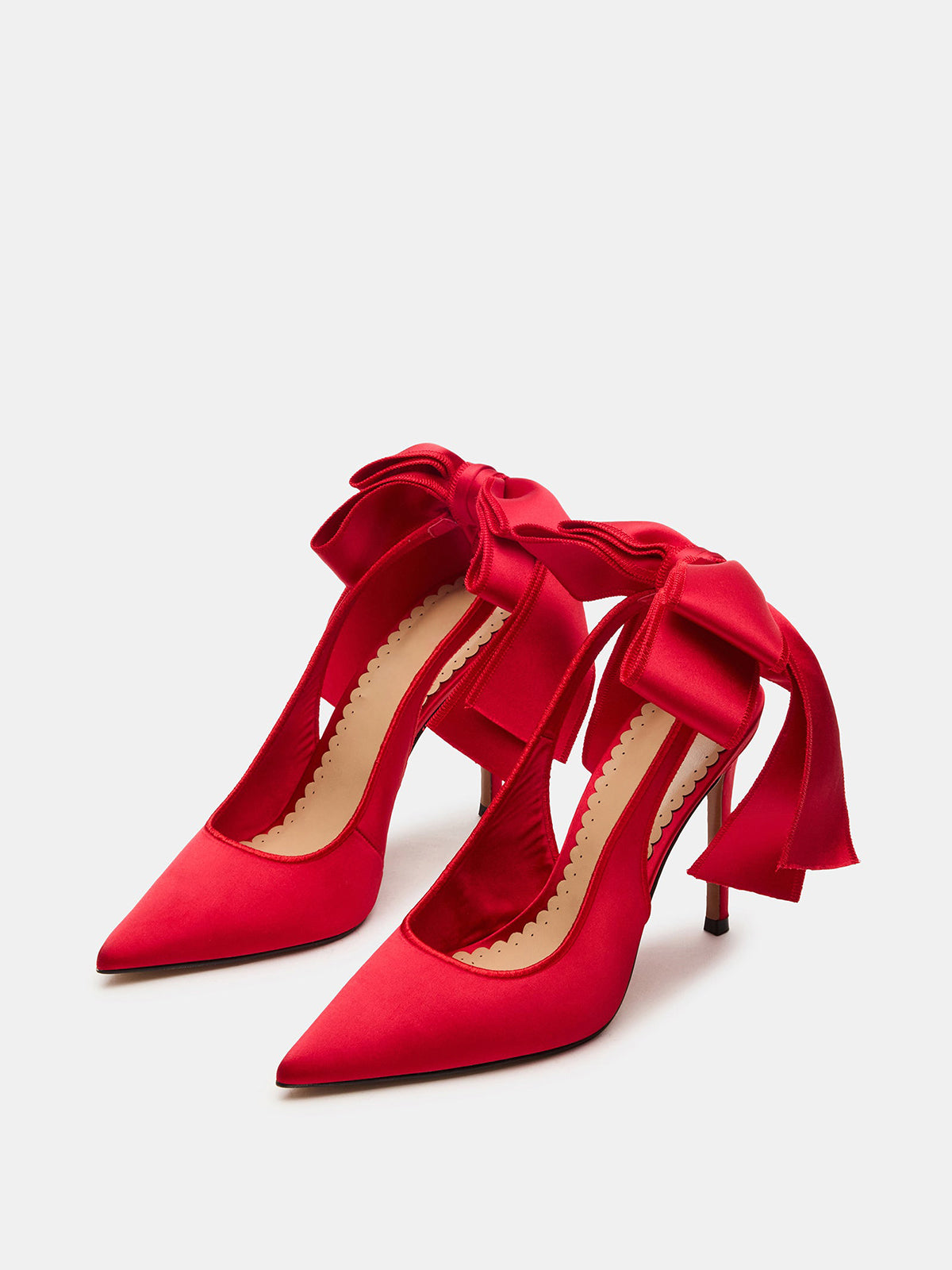 Red Satin Pointed-Toe Slingback With Big Bow Pump High Heels
