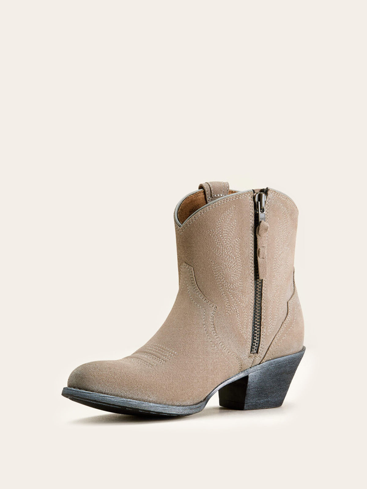 Gray Faux Suede Almond-Toe Embroidery Full-Zip Short Mid Calf Cowgirl Boots