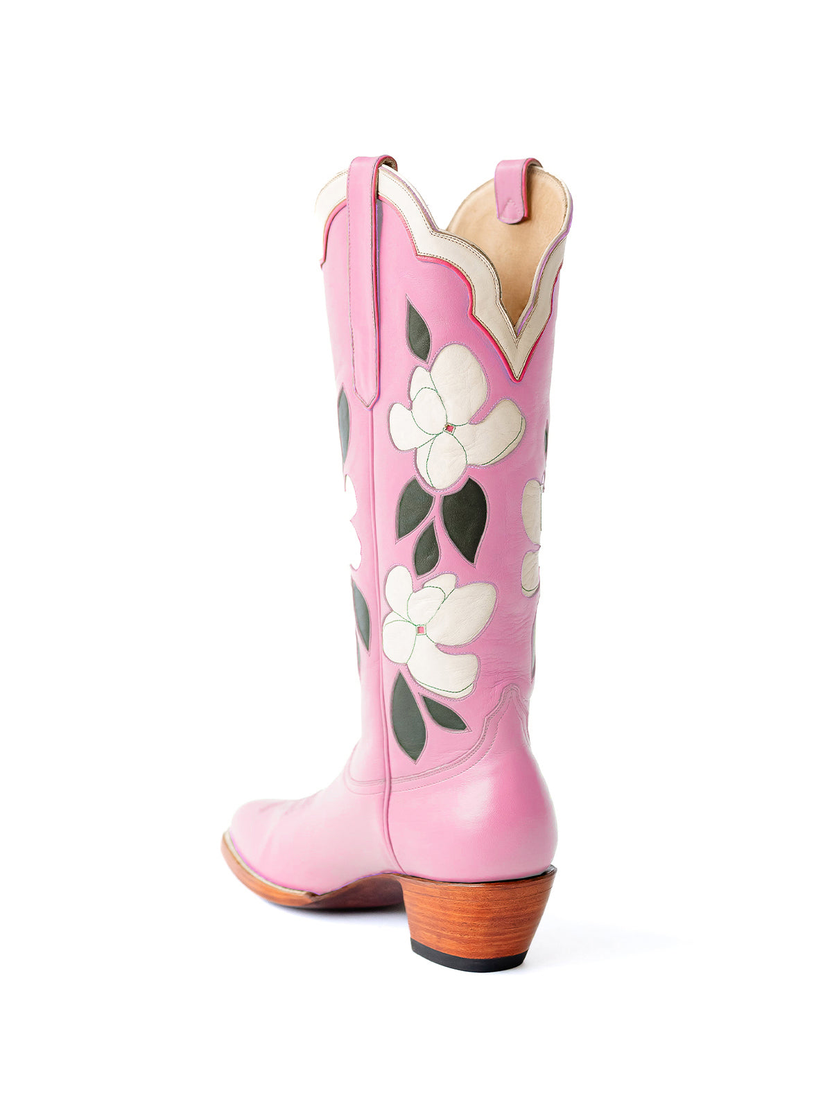 Pink Almond-Toe White Flower Inlay Wide Calf Knee High Cowgirl Boots