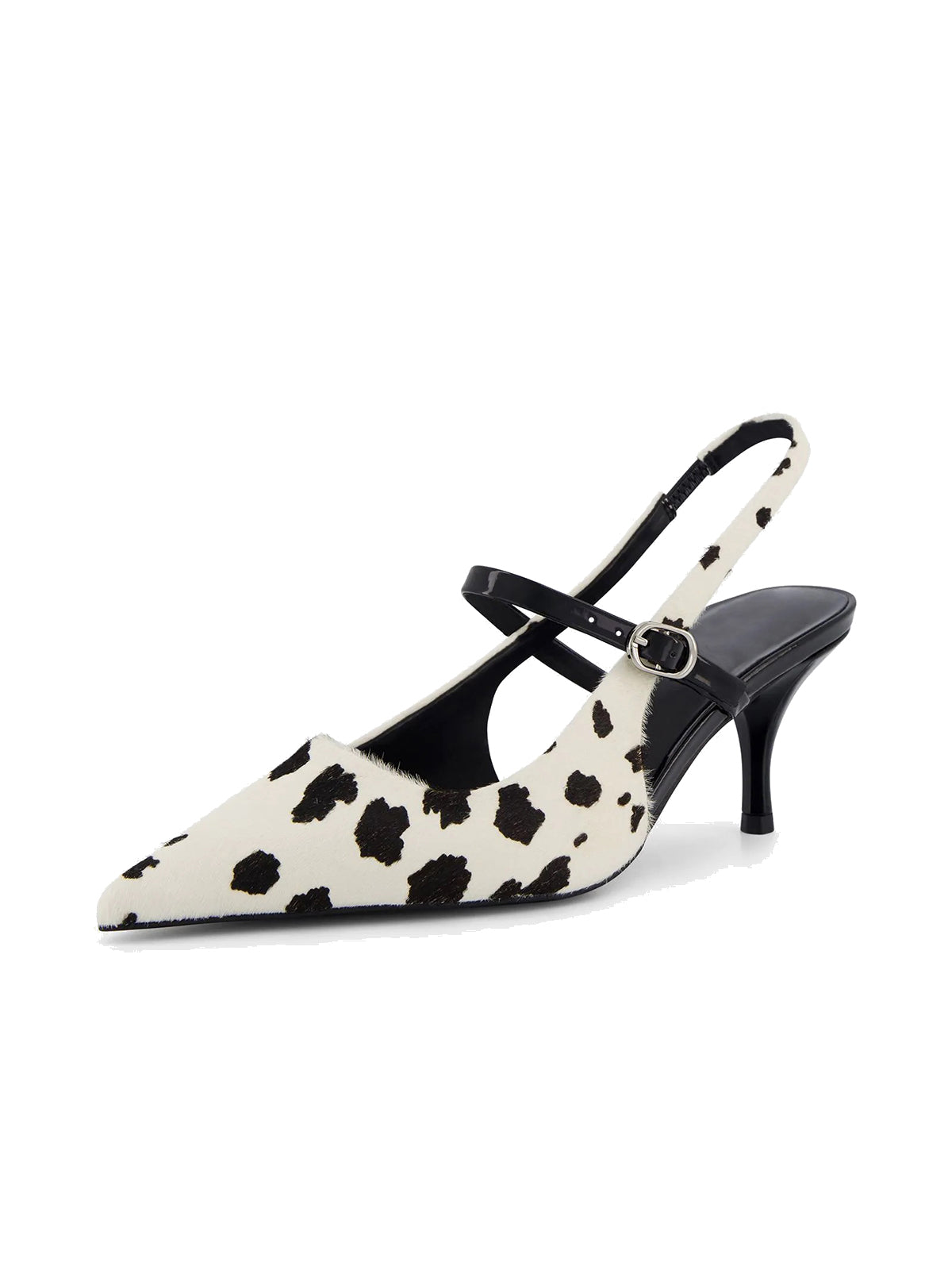 Cow Print Pointed-Toe Patent Middle Strap And Slingback Kitten Heels
