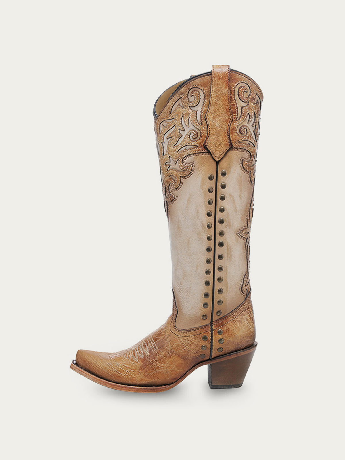 Distressed Honey And Bone Snip-Toe Applique And Side Studs Wide Calf Knee High Cowgirl Boots