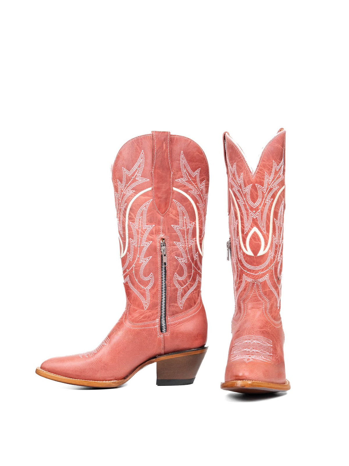 Pink Almond-Toe Embroidery With Studs Half-Zip Mid Calf Cowgirl Boots