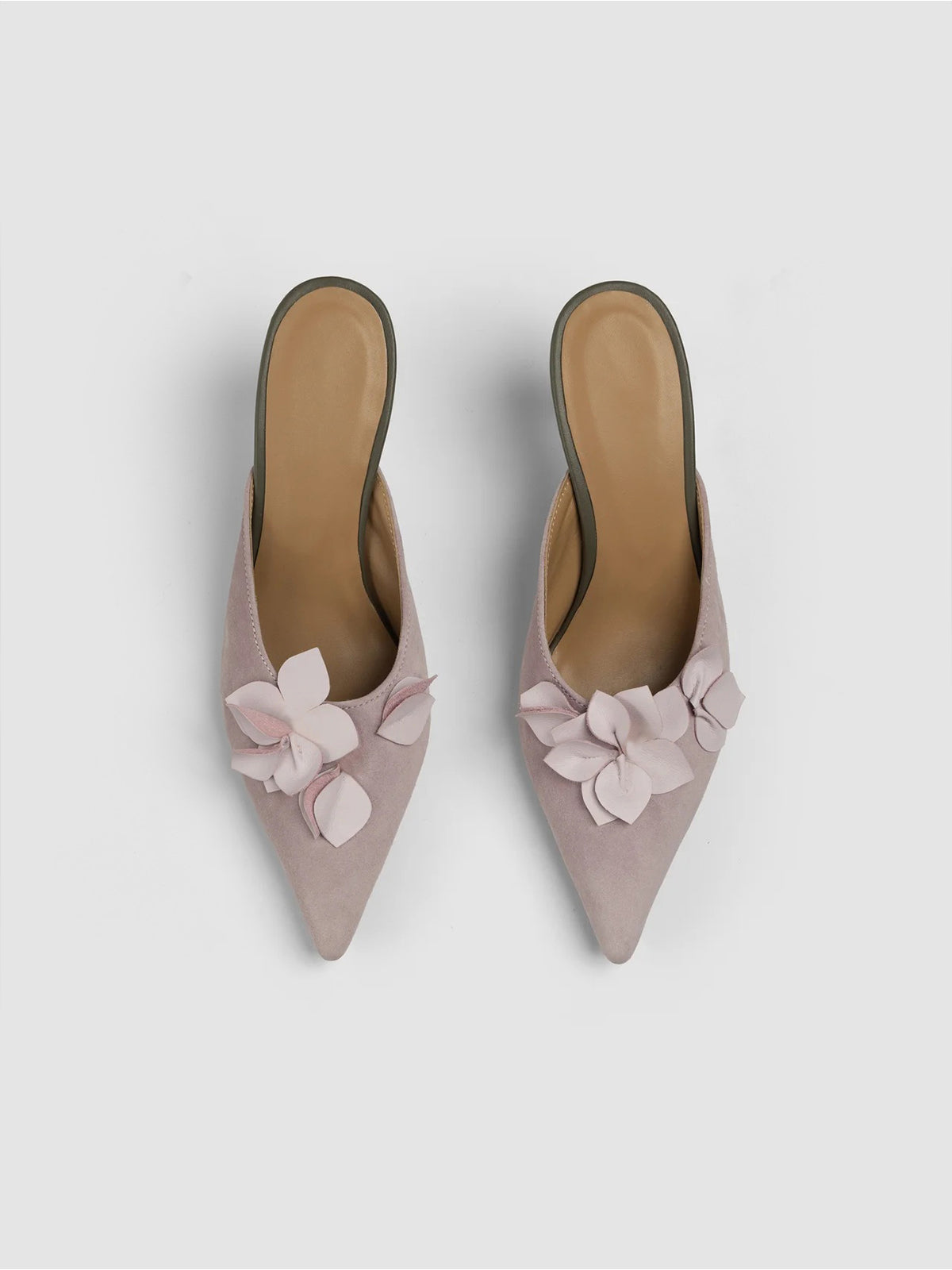 Mauve Pink Pointed-Toe Front Floral Detail Backless Chic High Heels