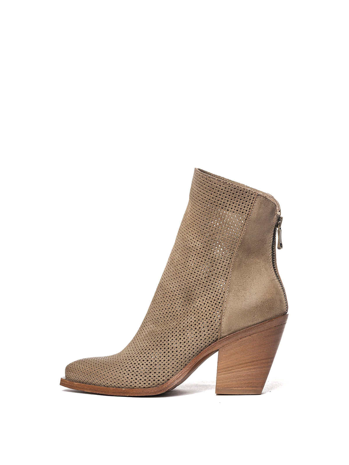 Dove Gray Faux Suede Snip-Toe Perforated Back Full-Zip Ankle Cowgirl Boots