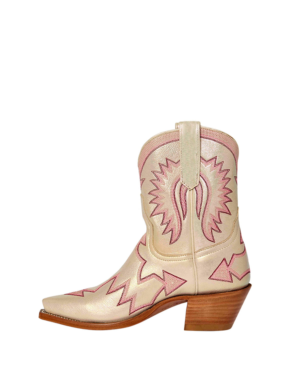 Jagged Embroidery Snip-Toe Cowgirl Ankle Booties - Metallic Light Pink