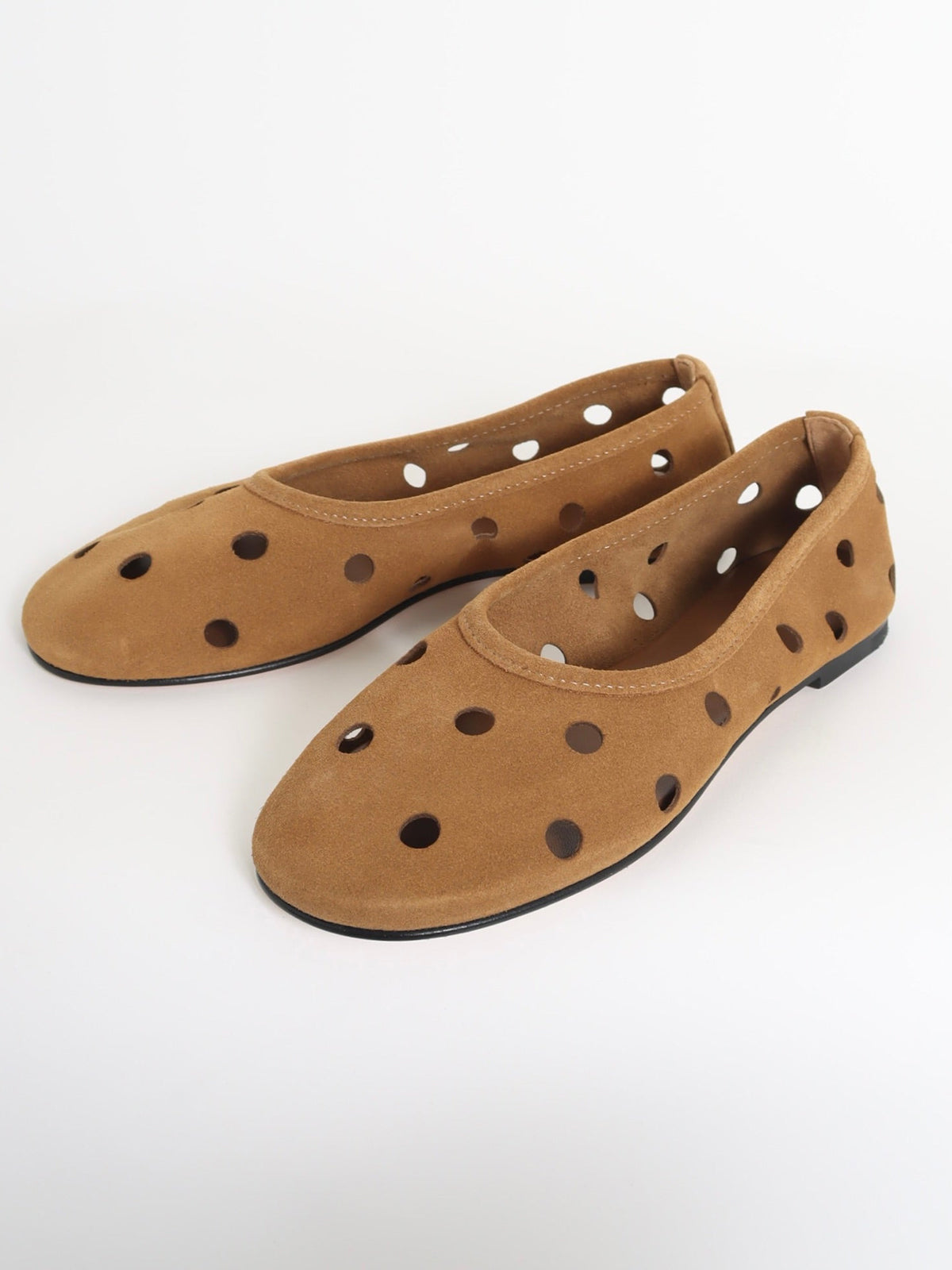 Caramel Cow Suede Round-Toe Cutout Slip-On Ballet Flats