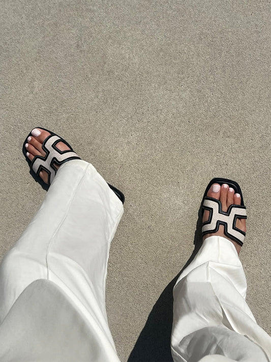 Black And Wheat Open Square-Toe Slip-On Simple Sandals Flats