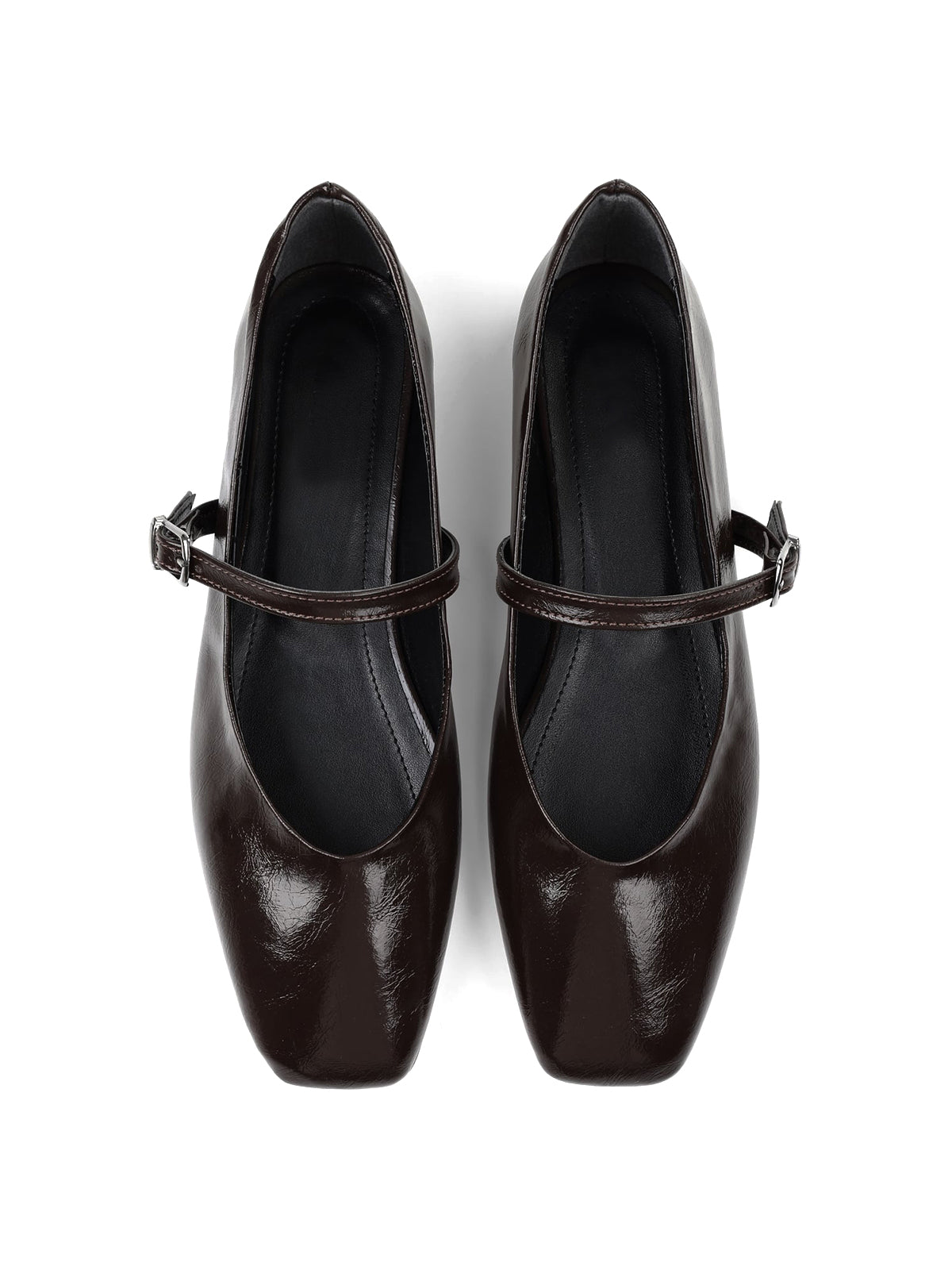 Coffee Square-Toe Buckle Bridge Strap Stylish Ballet Flats