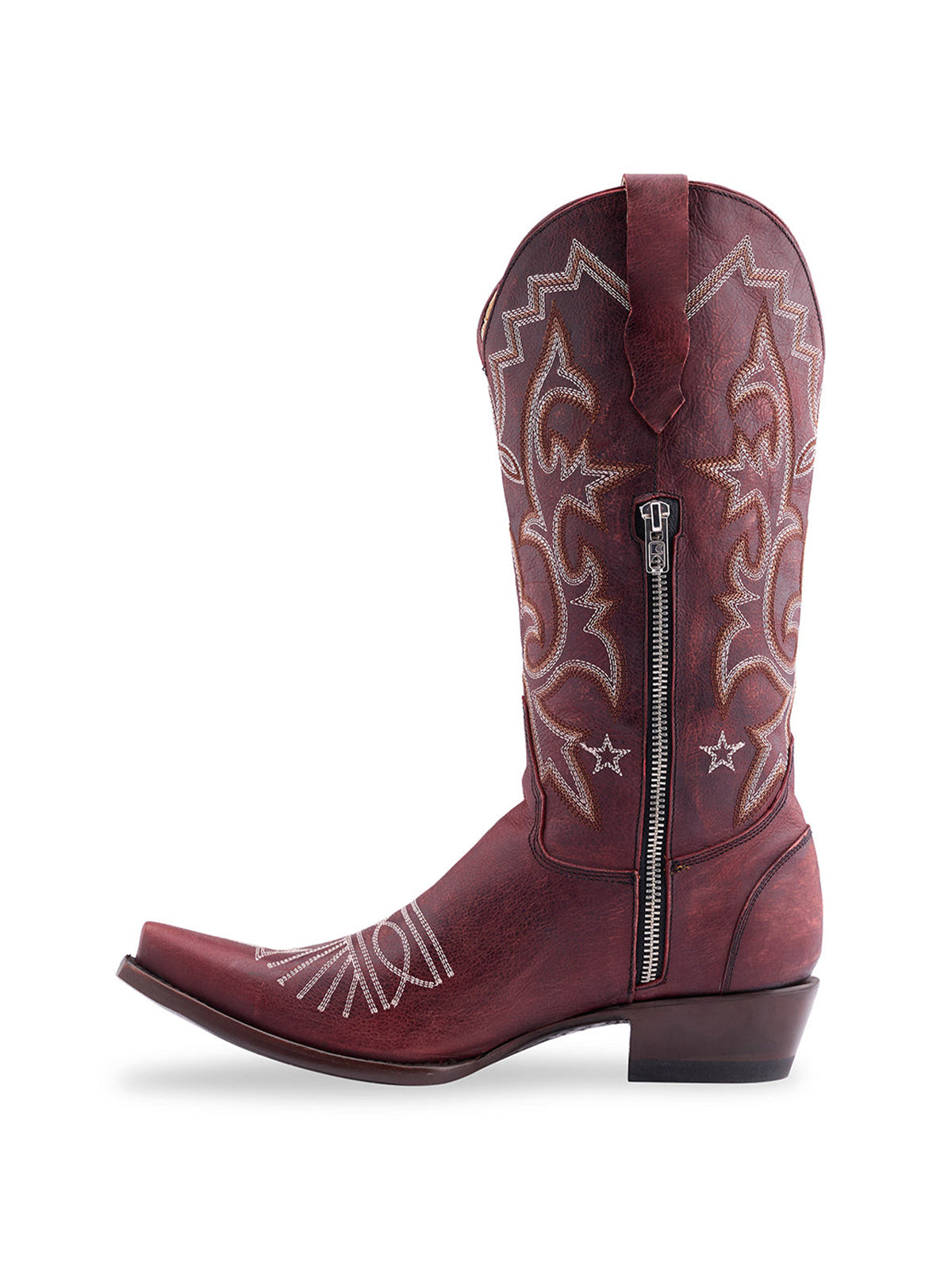Red Snip-Toe Classic And Star Embroidery Half-Zip Mid Calf Cowgirl Boots