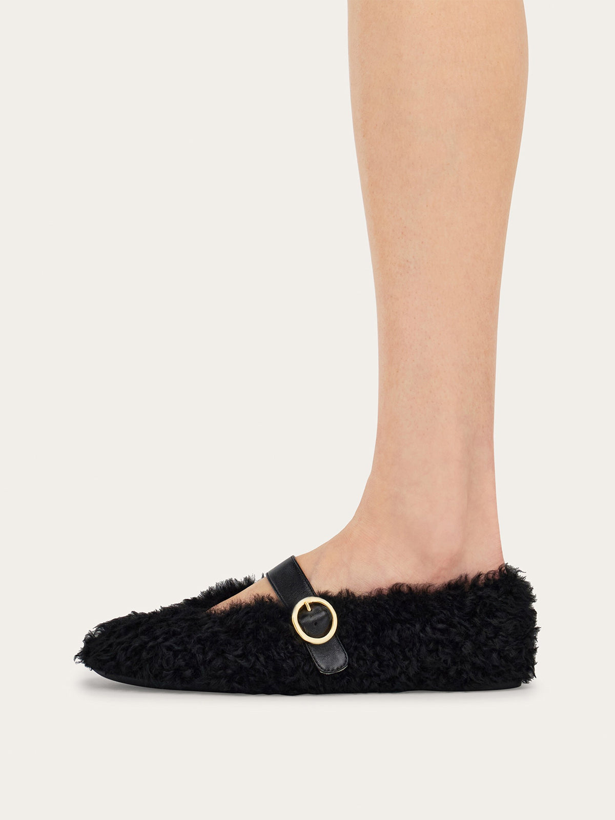Black Plush Square-Toe Vegan Leather Bridge Strap Ballet Flats