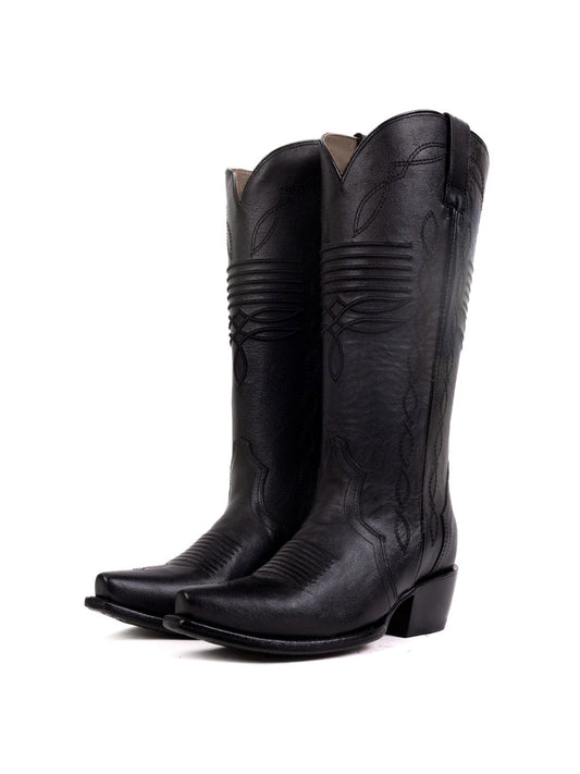 Black Snip-Toe Classic Embroidery Half-Zip Western Knee High Cowgirl Boots