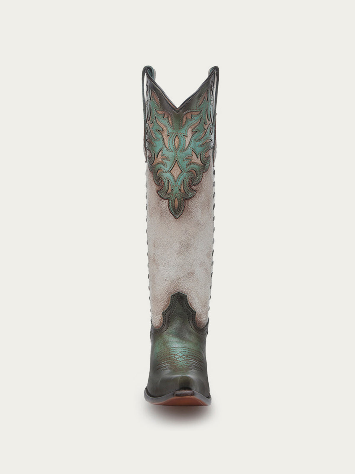 Distressed Turquoise And Bone Snip-Toe Applique And Side Studs Wide Calf Knee High Cowgirl Boots
