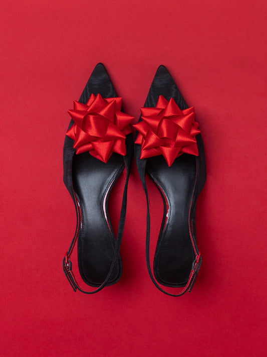 Black Satin Pointed-Toe Front Red Bow Slingback Kitten Heels