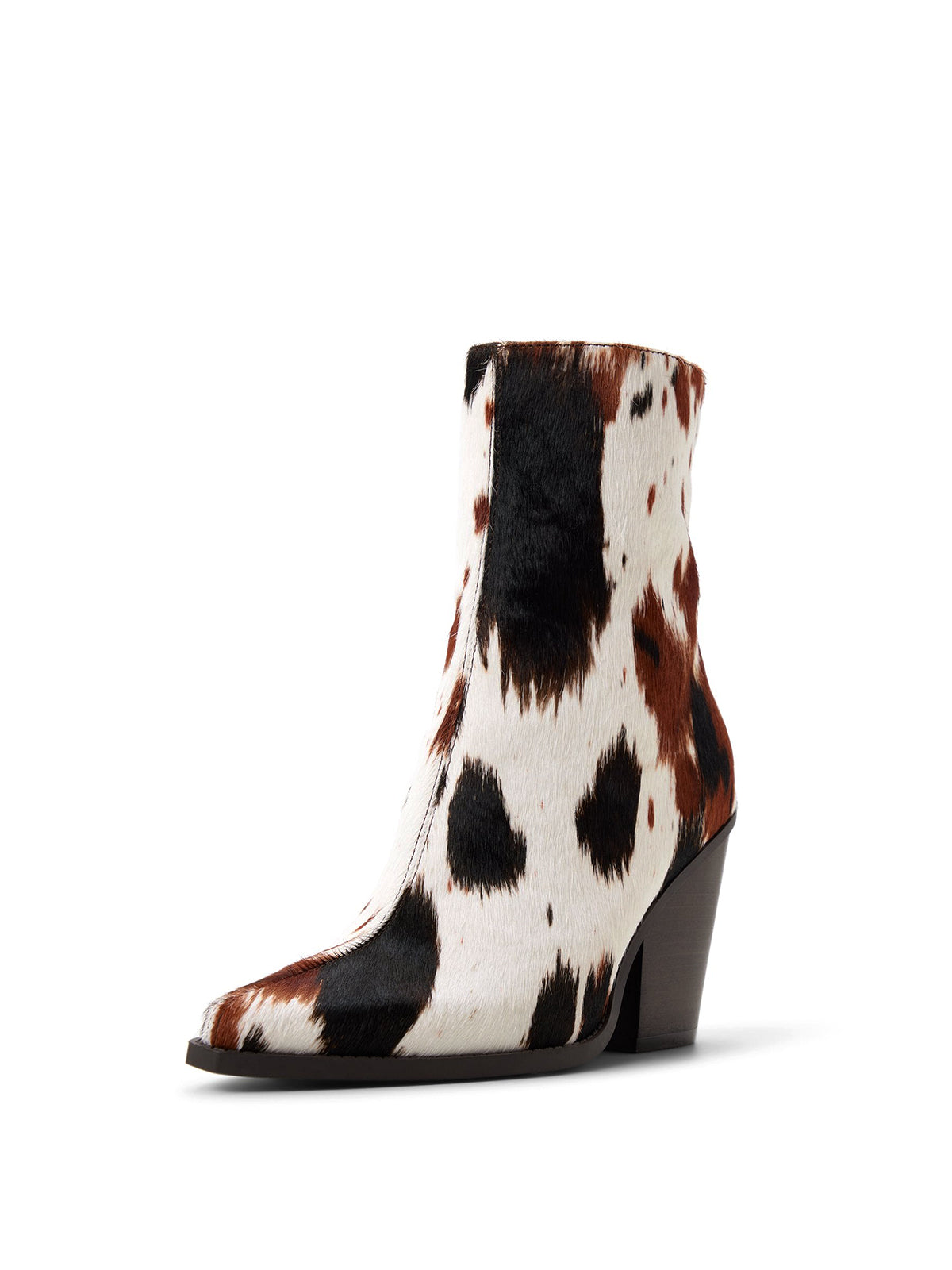 Cow Print Pointed-Toe Back Full-Zip Ankle Cowgirl Boots