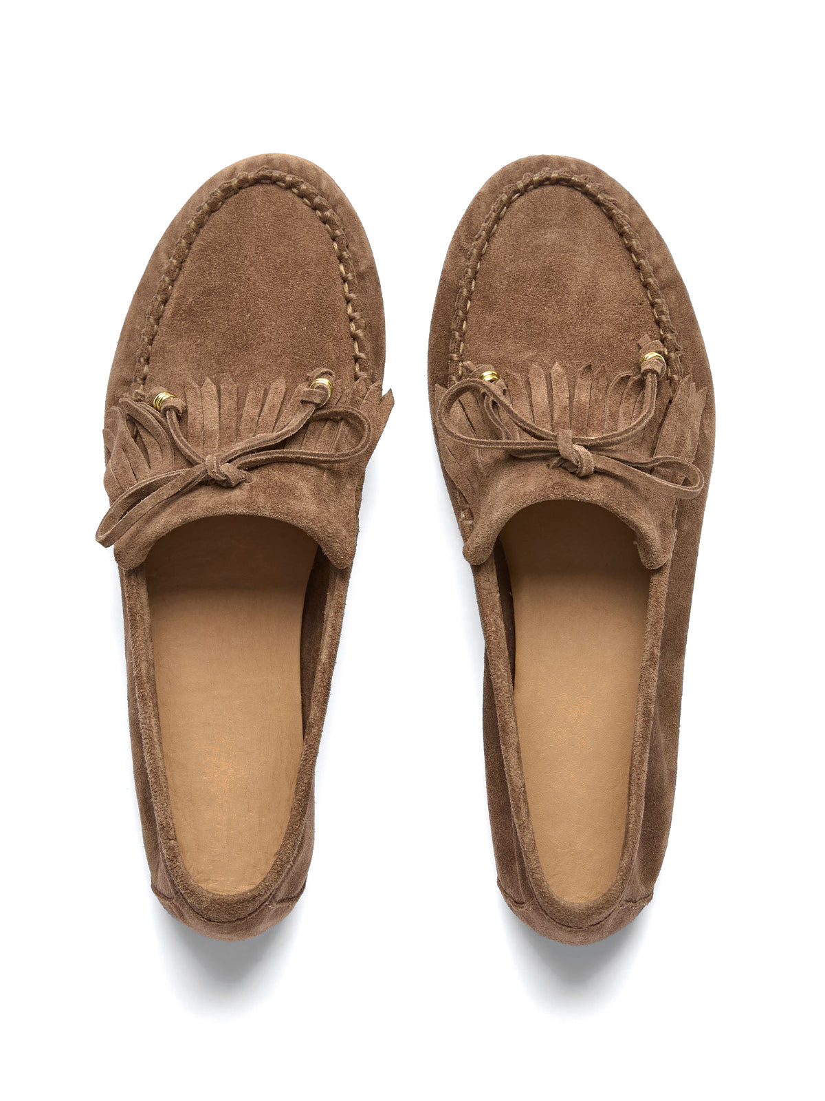 Brown Cow Suede Round-Toe Front Fringe And Bow Loafers Flats