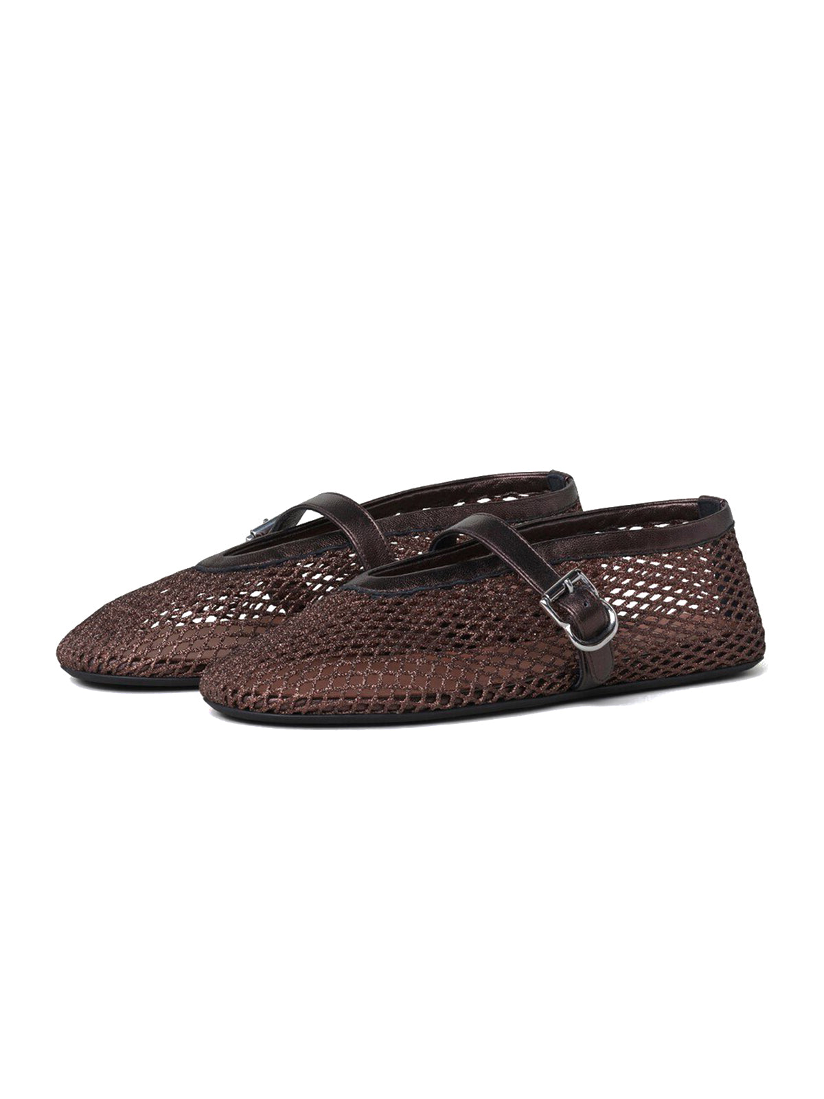 Metallic Bronze Mesh And Vegan Leather Round-Toe Buckle Bridge Strap Flats