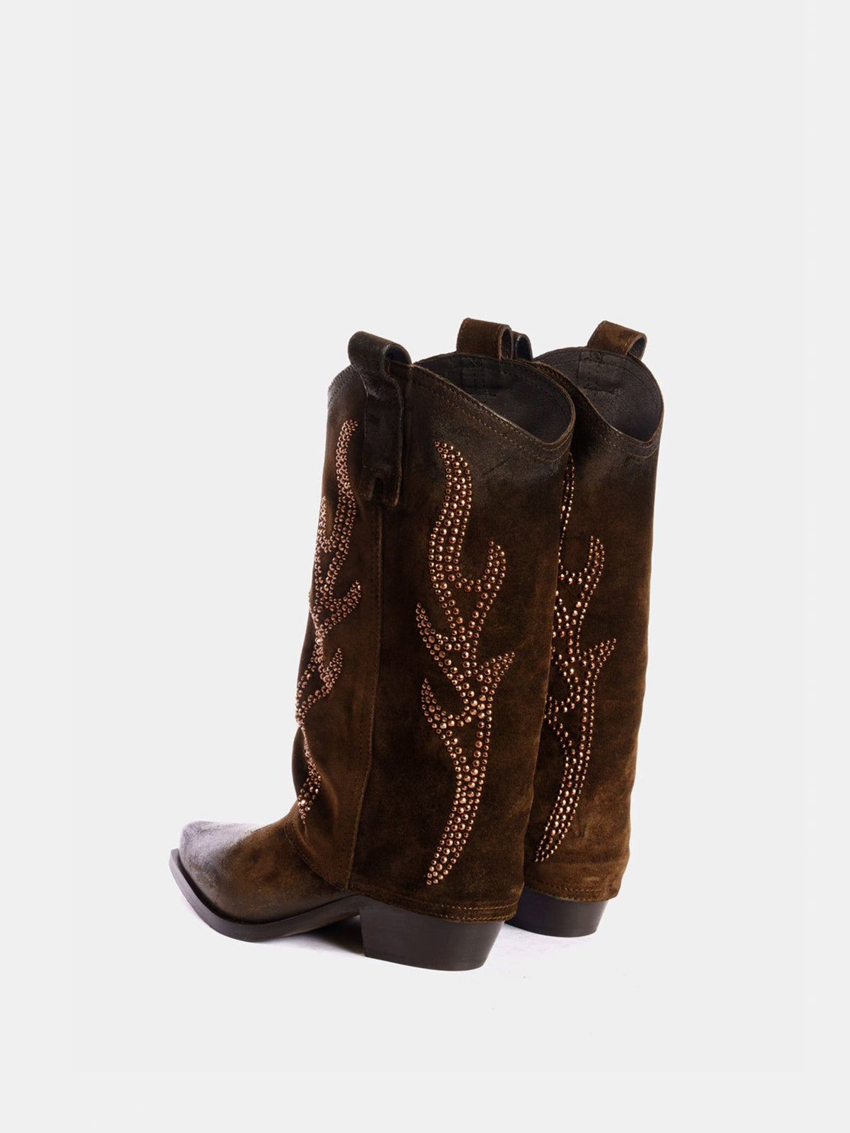 Dark Brown Faux Suede Snip-Toe Studded Fold-Over Mid Calf Cowgirl Boots