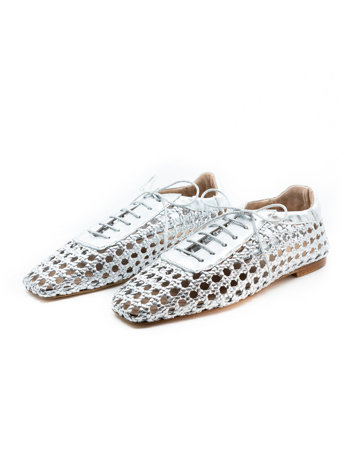 Metallic Silver Woven Vegan Leather Square-Toe Chic Lace-Up Flats