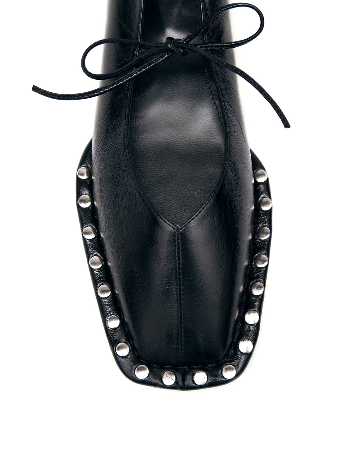 Black Square-Toe Studs And Middle Strap Ballet Flats