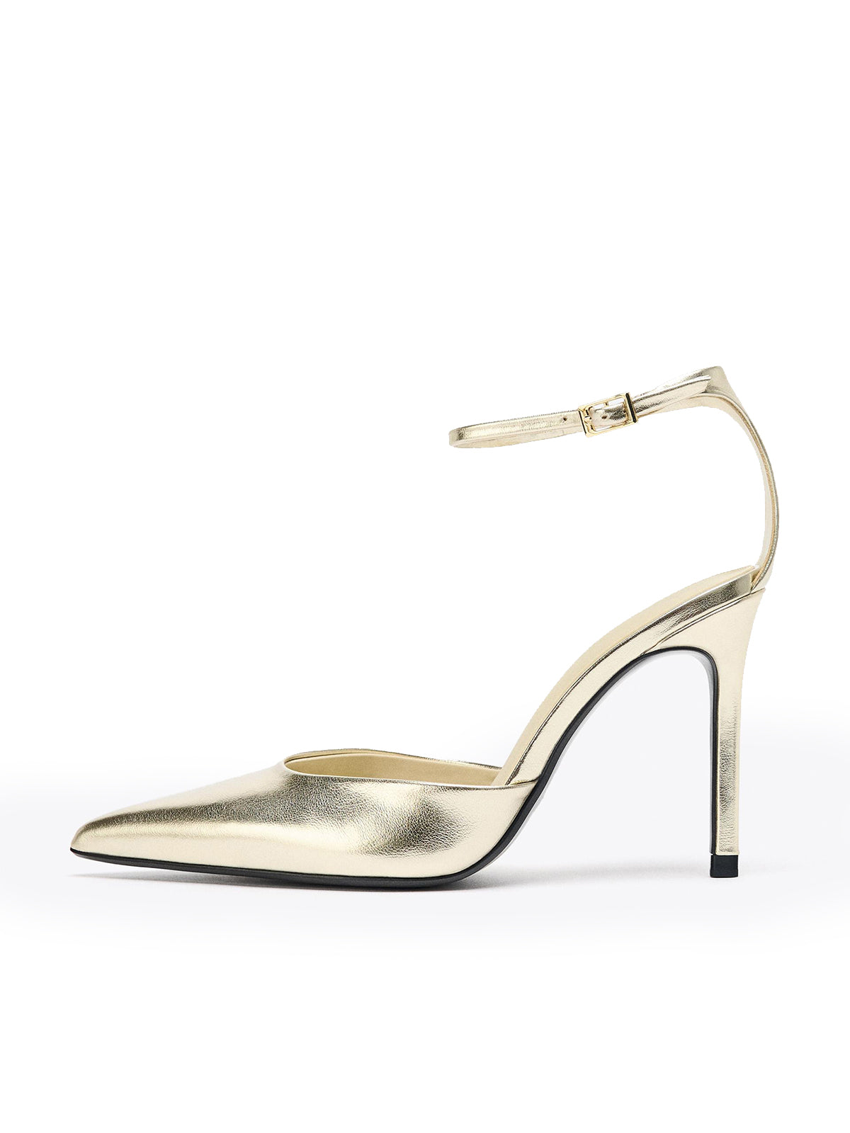 Metallic Gold Pointed-Toe Ankle Strap Simple High Heels