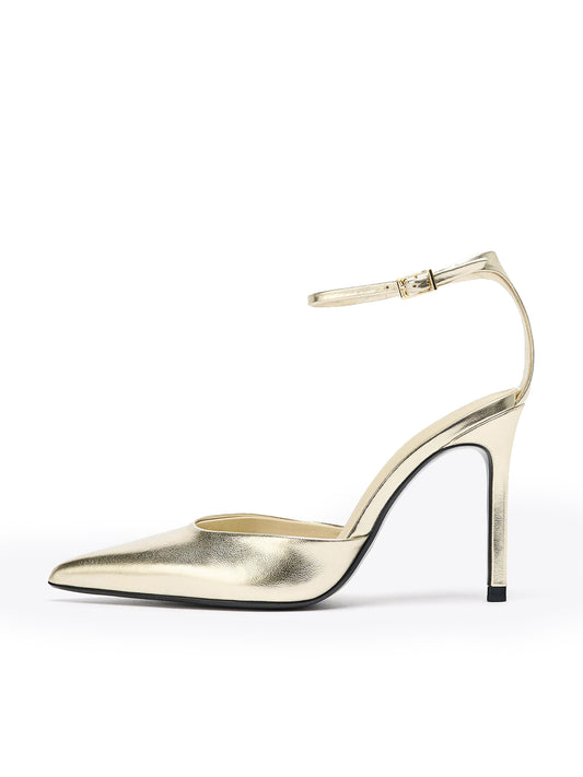 Metallic Gold Pointed-Toe Ankle Strap Simple High Heels