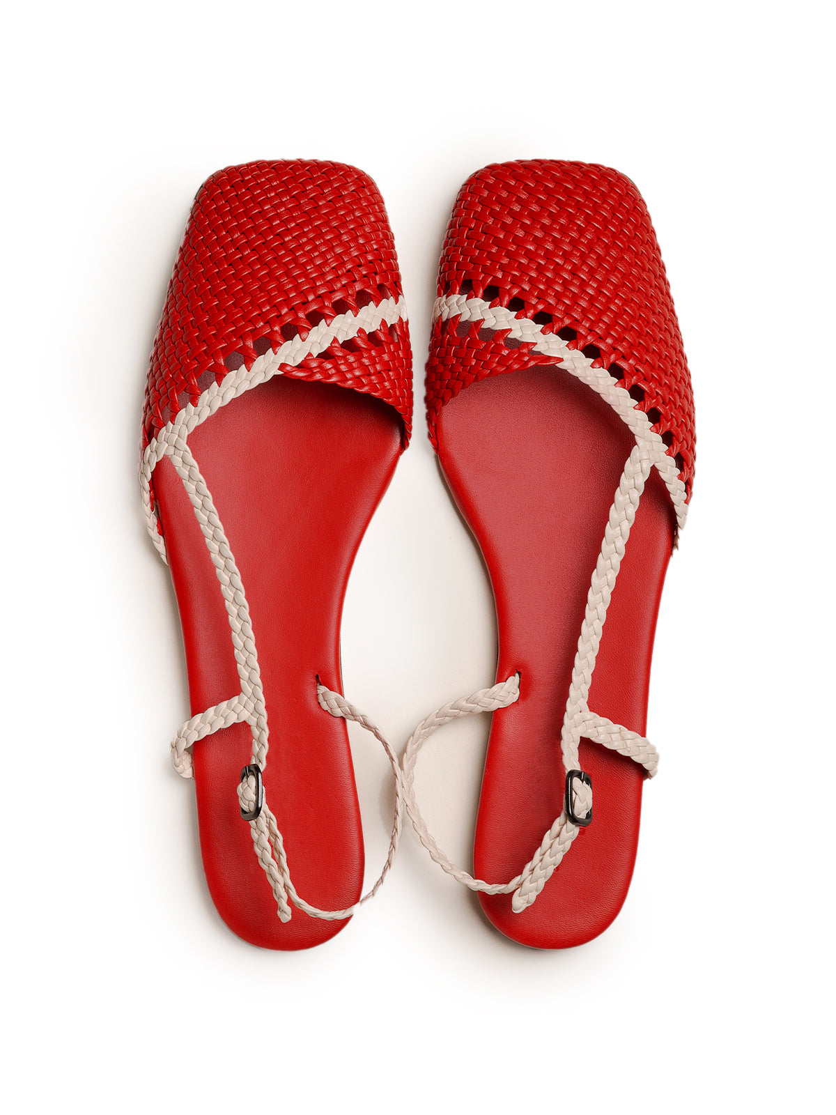 Red And Ivory Woven Vegan Leather Square-Toe Back Strap Sandals Flats