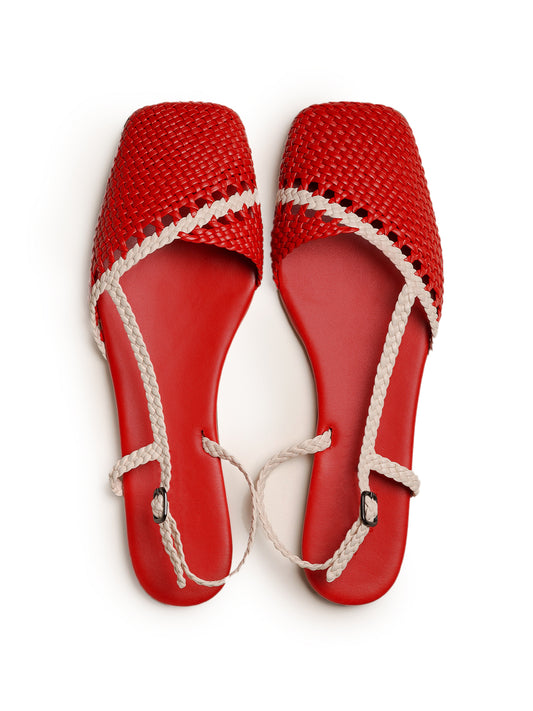 Red And Ivory Woven Vegan Leather Square-Toe Back Strap Sandals Flats