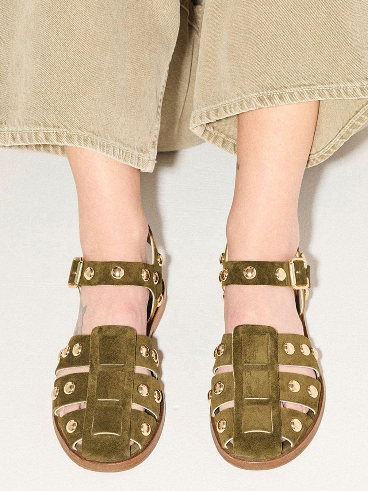 Olive Green Faux Suede Round-Toe Fisherman Studs Sandals Flats